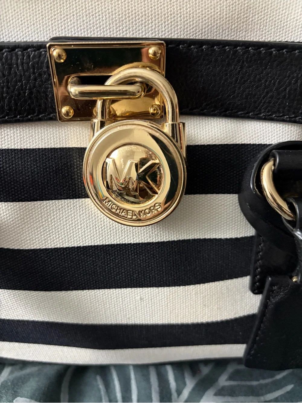 Michael Kors Black and White Striped Satchel with Gold Hardware